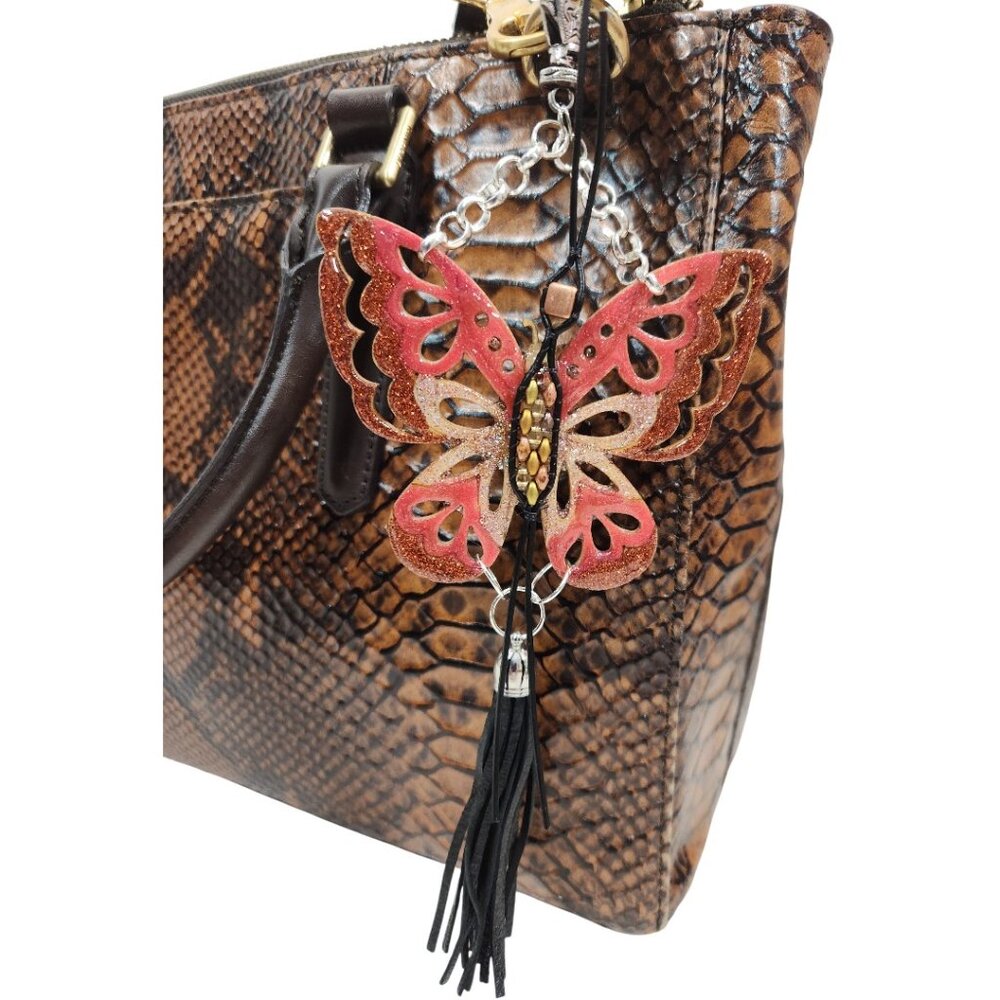 Orange Handpainted Wooden Butterfly Purse Leather Tassel Stone Beaded Leather